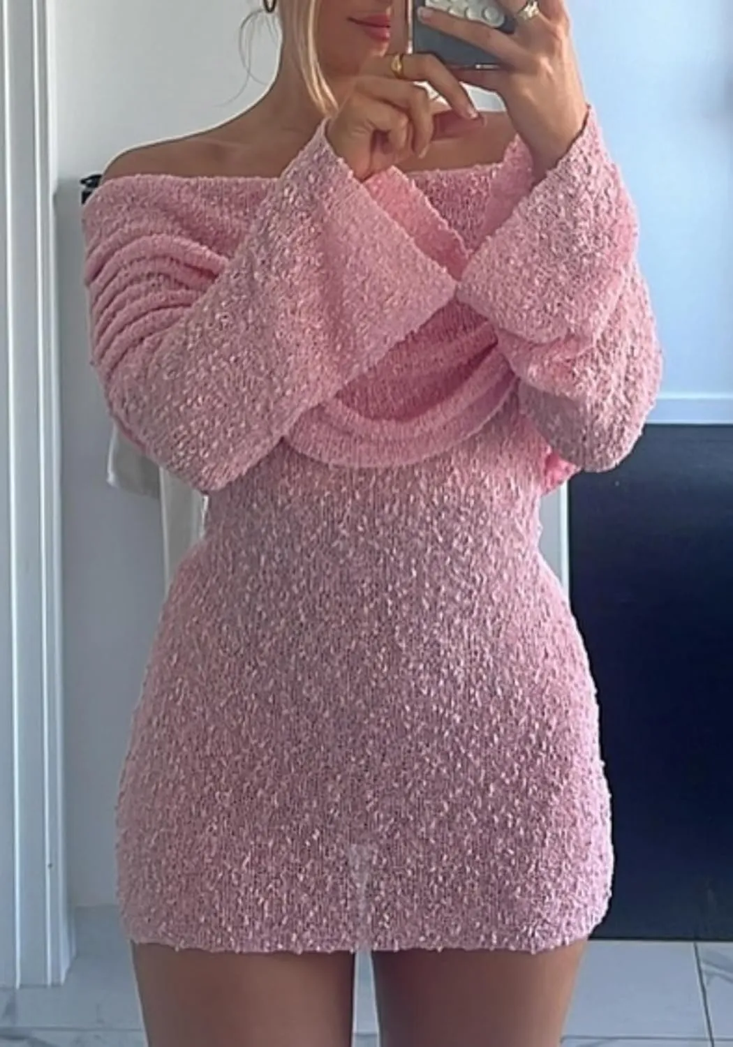 LETSVDO Women's Off Shoulder Mini Dress Bodycon Long Sleeve Knit Crochet Sexy Party Sweater Dresses