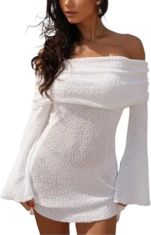 LETSVDO Women's Off Shoulder Mini Dress Bodycon Long Sleeve Knit Crochet Sexy Party Sweater Dresses