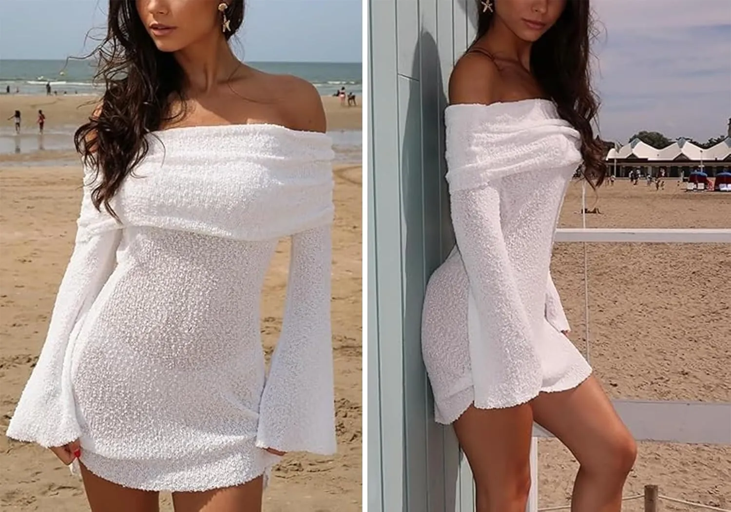LETSVDO Women's Off Shoulder Mini Dress Bodycon Long Sleeve Knit Crochet Sexy Party Sweater Dresses