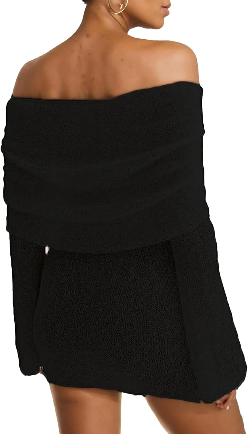 LETSVDO Women's Off Shoulder Mini Dress Bodycon Long Sleeve Knit Crochet Sexy Party Sweater Dresses