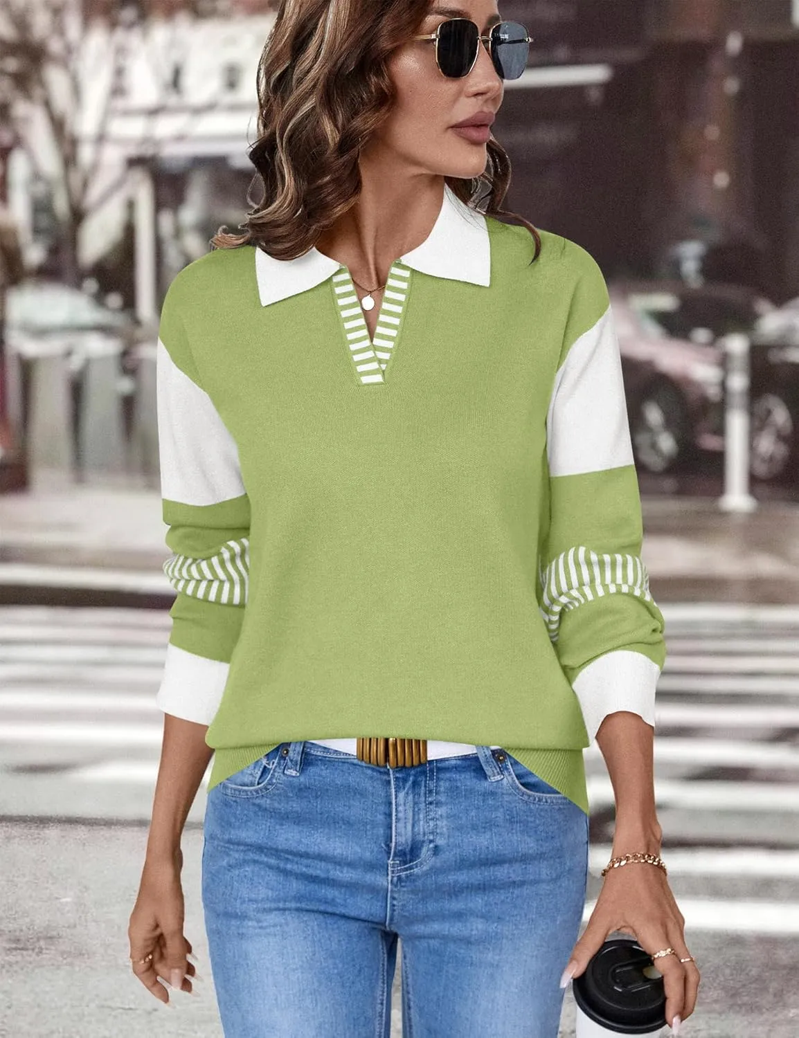 LOMON V Neck Long Sleeve Loose Sweaters Color Block Striped Knitted Pullover Jumper Tops