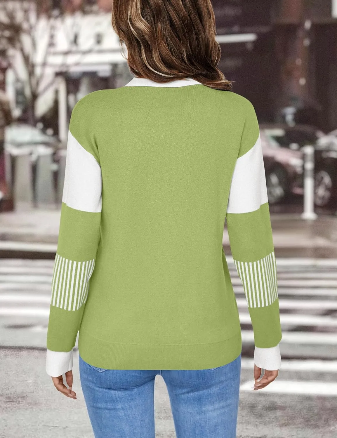 LOMON V Neck Long Sleeve Loose Sweaters Color Block Striped Knitted Pullover Jumper Tops