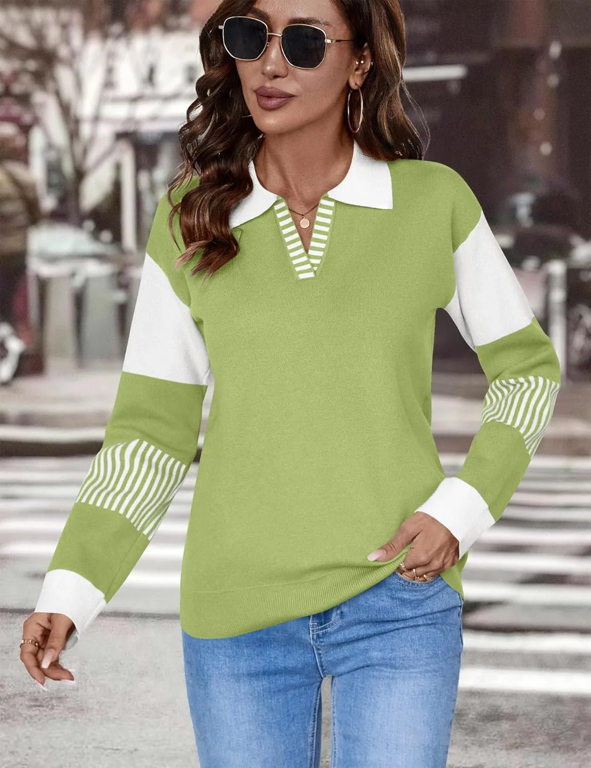 LOMON V Neck Long Sleeve Loose Sweaters Color Block Striped Knitted Pullover Jumper Tops