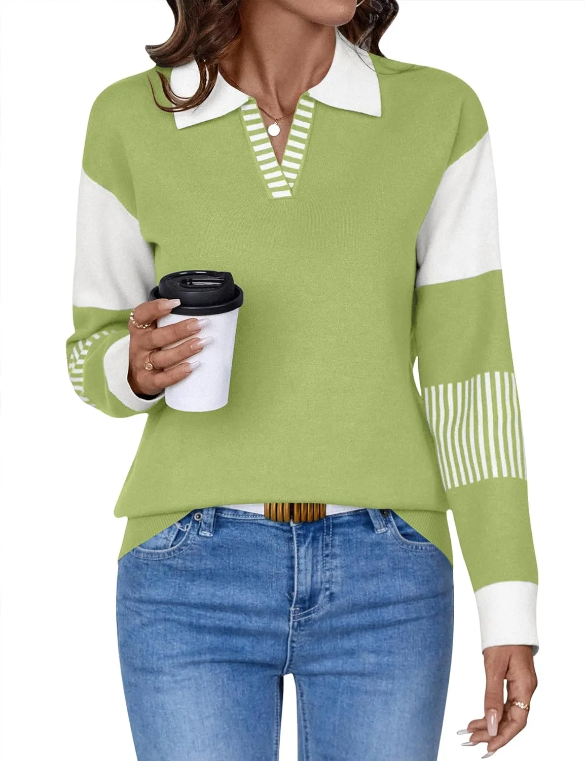 LOMON V Neck Long Sleeve Loose Sweaters Color Block Striped Knitted Pullover Jumper Tops