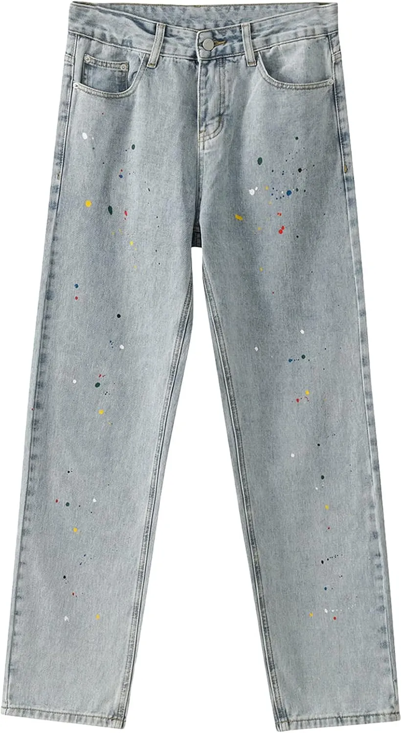 Men Distressed Paint Splatter Jeans Vintage Washed Straight Fit Denim Pants Retro Hip Hop Loose Jean Trousers