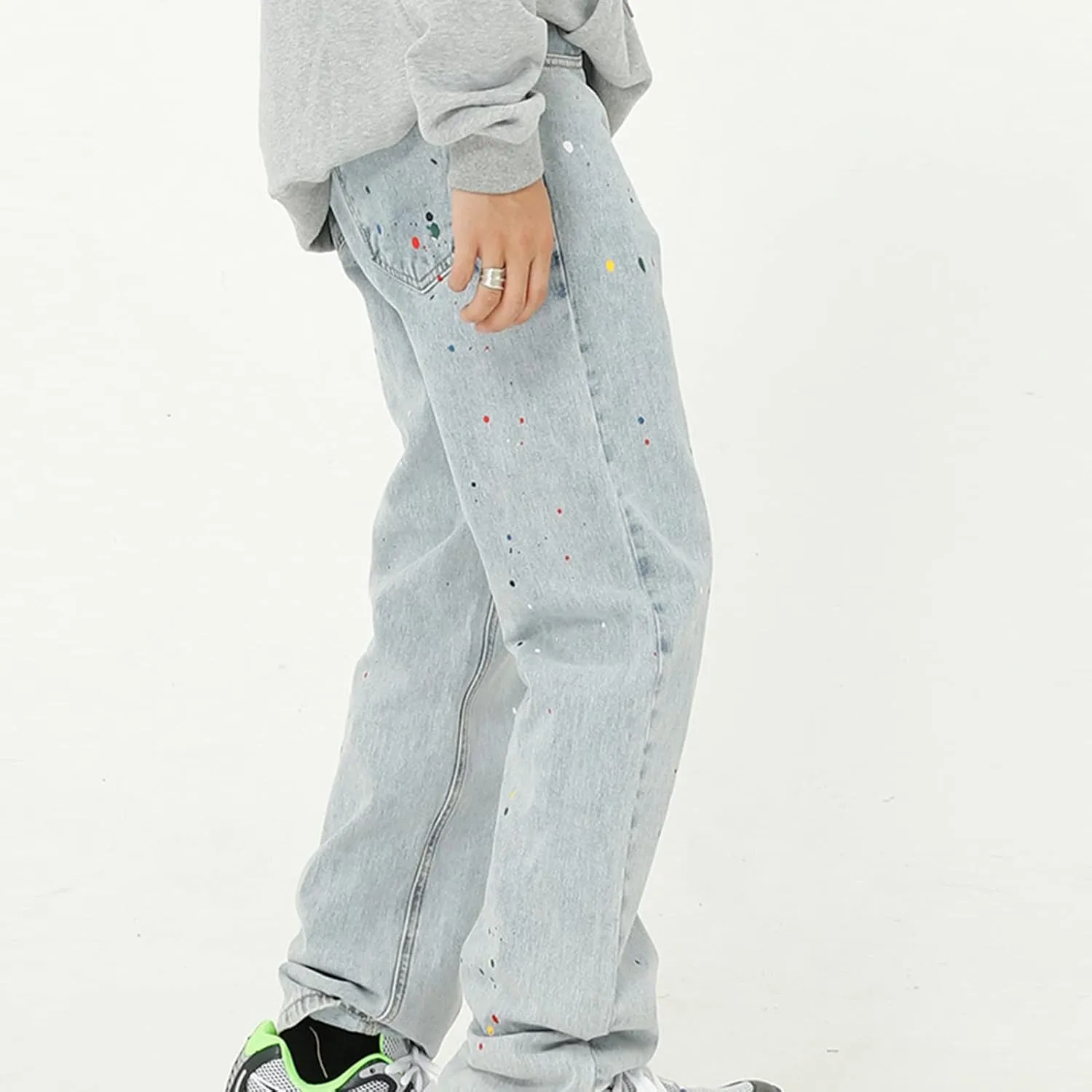 Men Distressed Paint Splatter Jeans Vintage Washed Straight Fit Denim Pants Retro Hip Hop Loose Jean Trousers