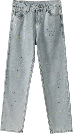 Men Distressed Paint Splatter Jeans Vintage Washed Straight Fit Denim Pants Retro Hip Hop Loose Jean Trousers