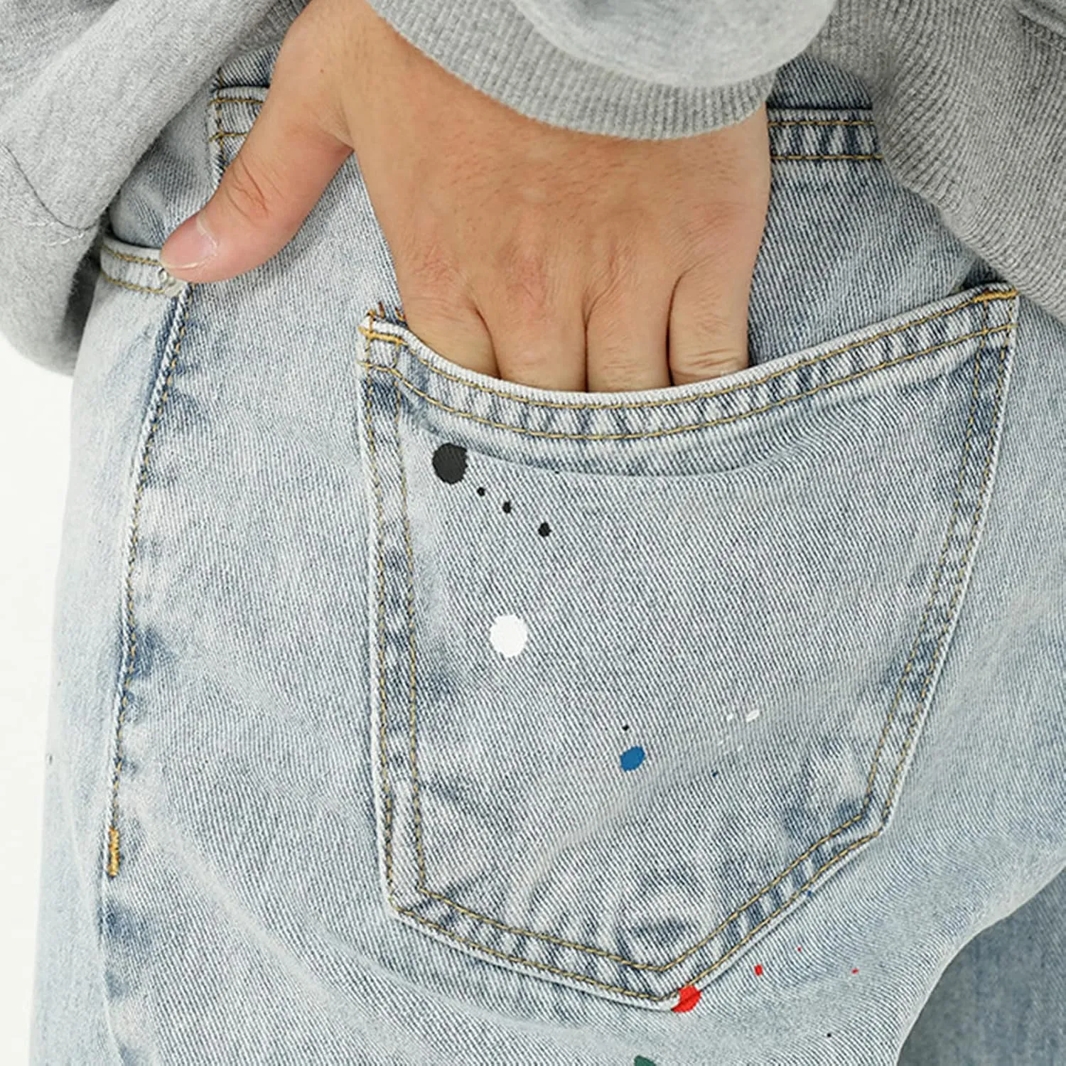 Men Distressed Paint Splatter Jeans Vintage Washed Straight Fit Denim Pants Retro Hip Hop Loose Jean Trousers