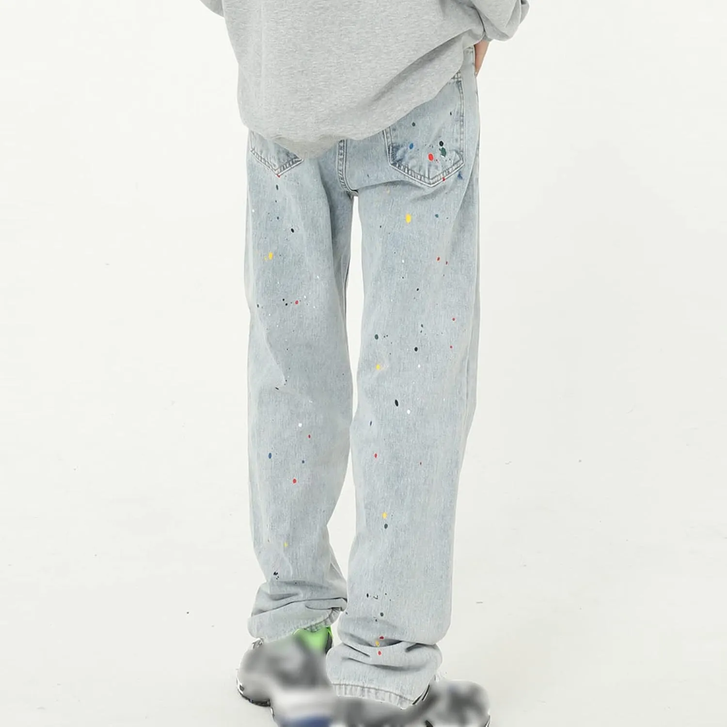 Men Distressed Paint Splatter Jeans Vintage Washed Straight Fit Denim Pants Retro Hip Hop Loose Jean Trousers