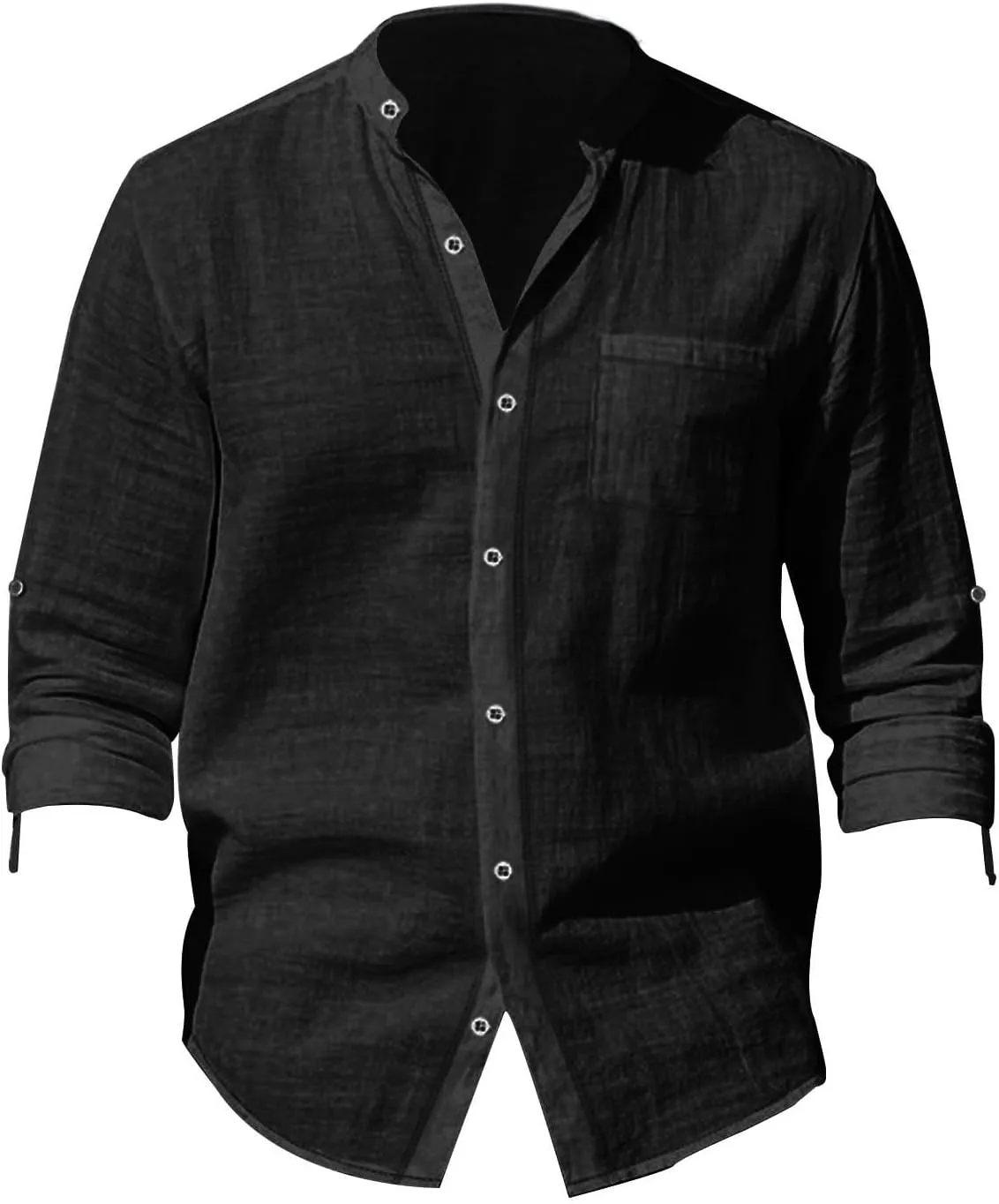 Mens Casual Long Sleeve Cotton Linen Shirts Buttons Down Solid Plain Roll-up Sleeves T-Shirt Henely Summer Beach Tops