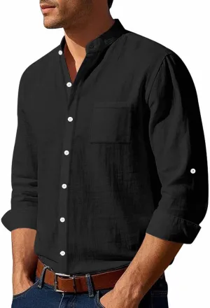 Mens Casual Long Sleeve Cotton Linen Shirts Buttons Down Solid Plain Roll-up Sleeves T-Shirt Henely Summer Beach Tops