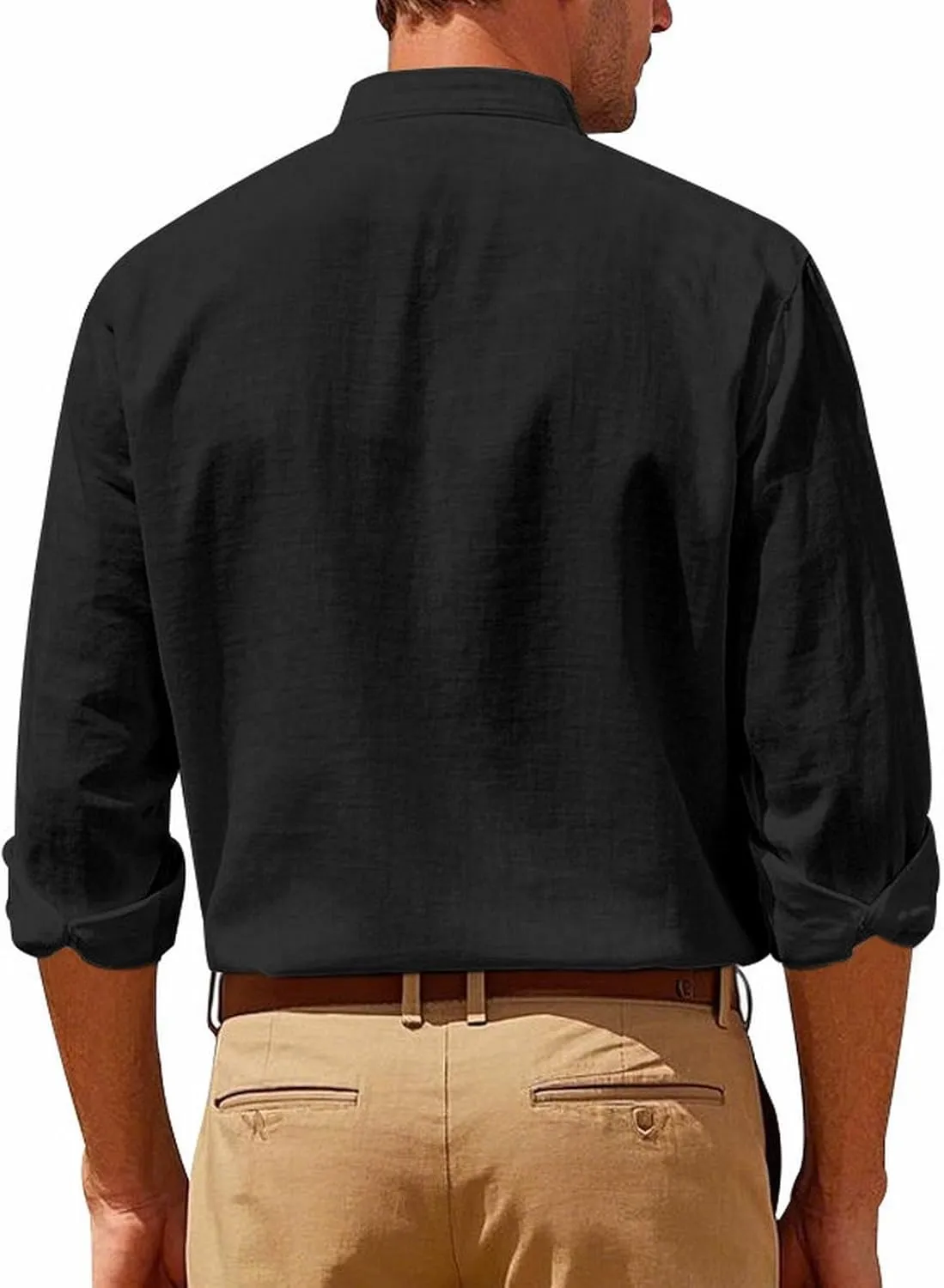 Mens Casual Long Sleeve Cotton Linen Shirts Buttons Down Solid Plain Roll-up Sleeves T-Shirt Henely Summer Beach Tops