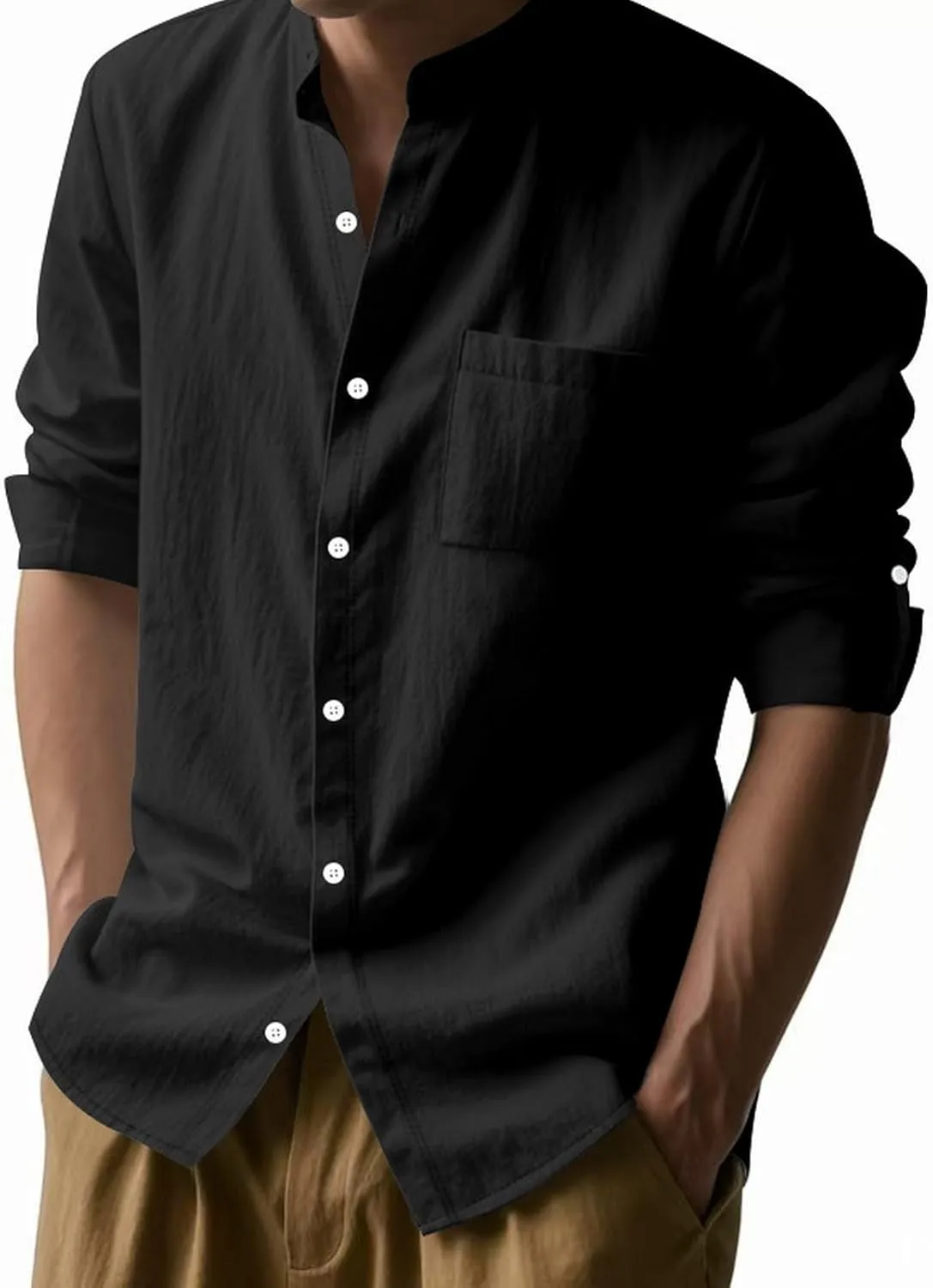 Mens Casual Long Sleeve Cotton Linen Shirts Buttons Down Solid Plain Roll-up Sleeves T-Shirt Henely Summer Beach Tops