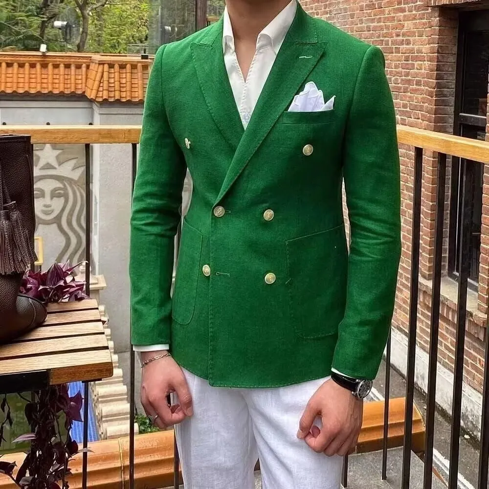 Men's Linen Jacket Suit Slim Fit Double Breasted Suit Jacket Beach Wedding Prom Sports Blazer for Men