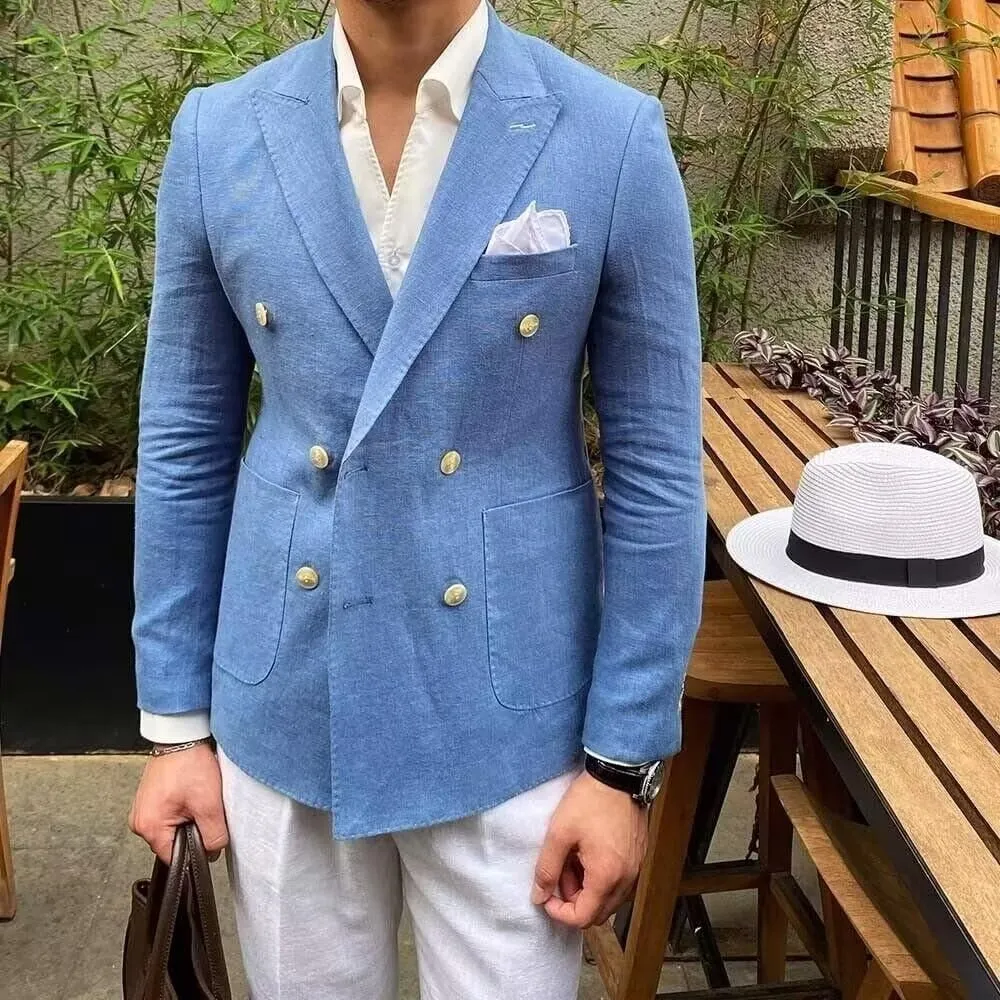 Men's Linen Jacket Suit Slim Fit Double Breasted Suit Jacket Beach Wedding Prom Sports Blazer for Men