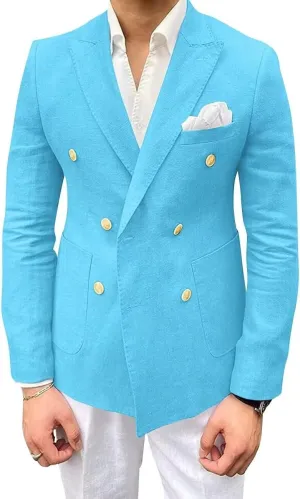 Men's Linen Jacket Suit Slim Fit Double Breasted Suit Jacket Beach Wedding Prom Sports Blazer for Men