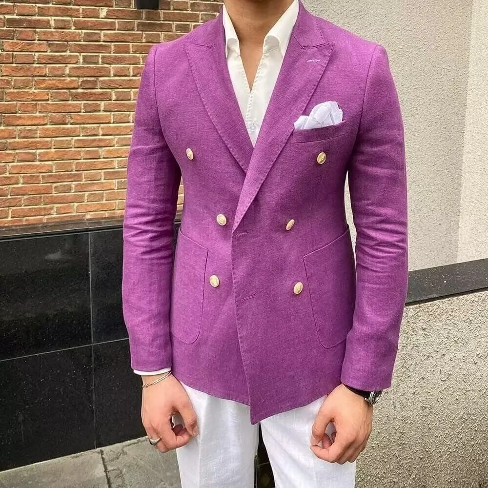 Men's Linen Jacket Suit Slim Fit Double Breasted Suit Jacket Beach Wedding Prom Sports Blazer for Men