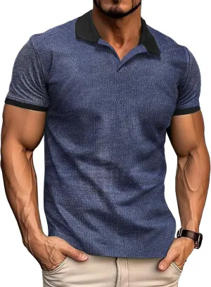 Mens Muscle Polo Shirts V Neck Slim Fit Short Sleeve Golf T-Shirts Contrast Collar Ribbed Knit Cotton Tee Shirt