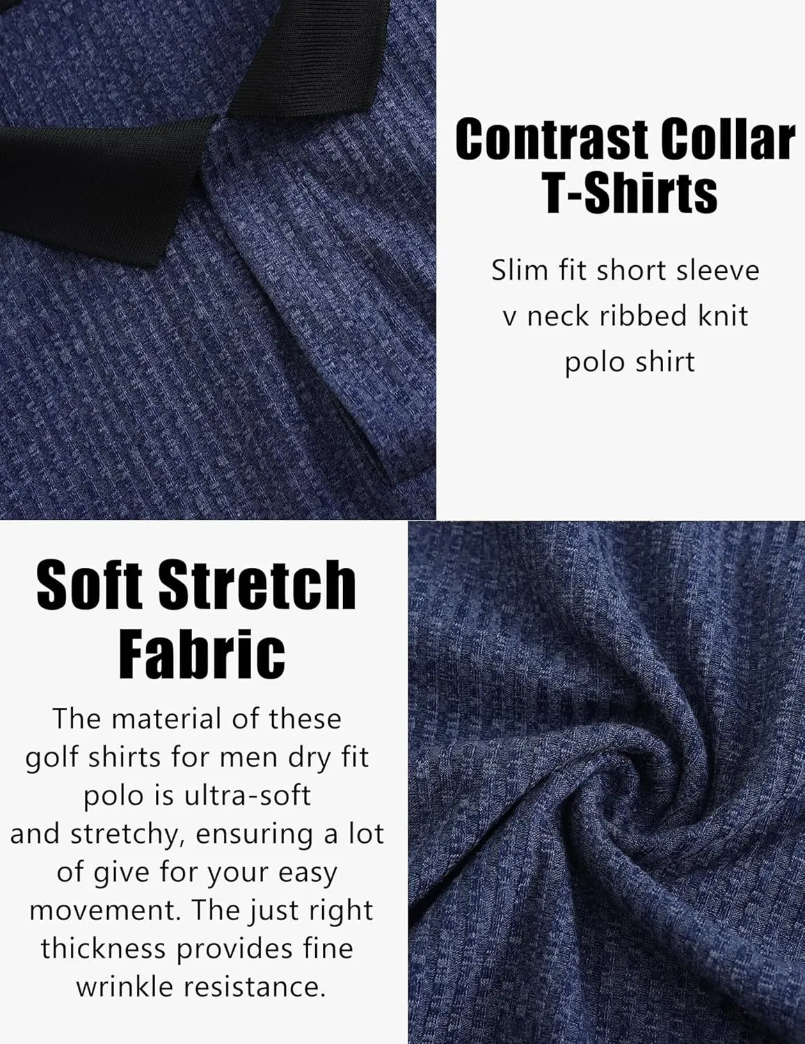 Mens Muscle Polo Shirts V Neck Slim Fit Short Sleeve Golf T-Shirts Contrast Collar Ribbed Knit Cotton Tee Shirt