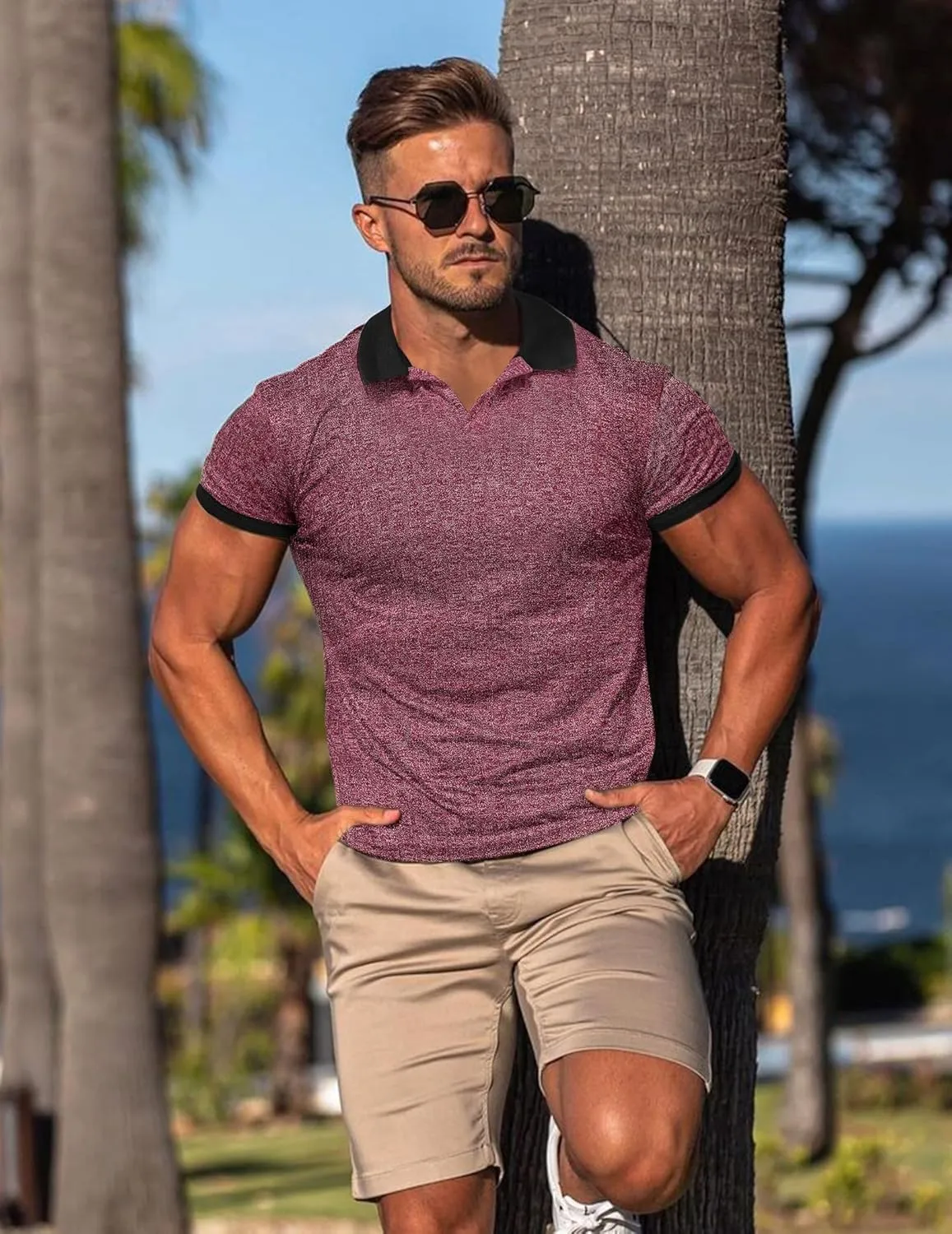 Mens Muscle Polo Shirts V Neck Slim Fit Short Sleeve Golf T-Shirts Contrast Collar Ribbed Knit Cotton Tee Shirt