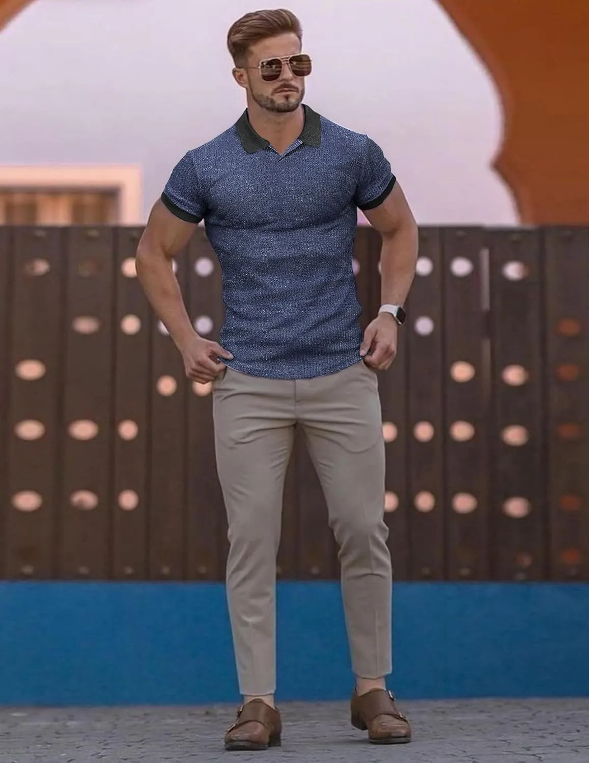 Mens Muscle Polo Shirts V Neck Slim Fit Short Sleeve Golf T-Shirts Contrast Collar Ribbed Knit Cotton Tee Shirt