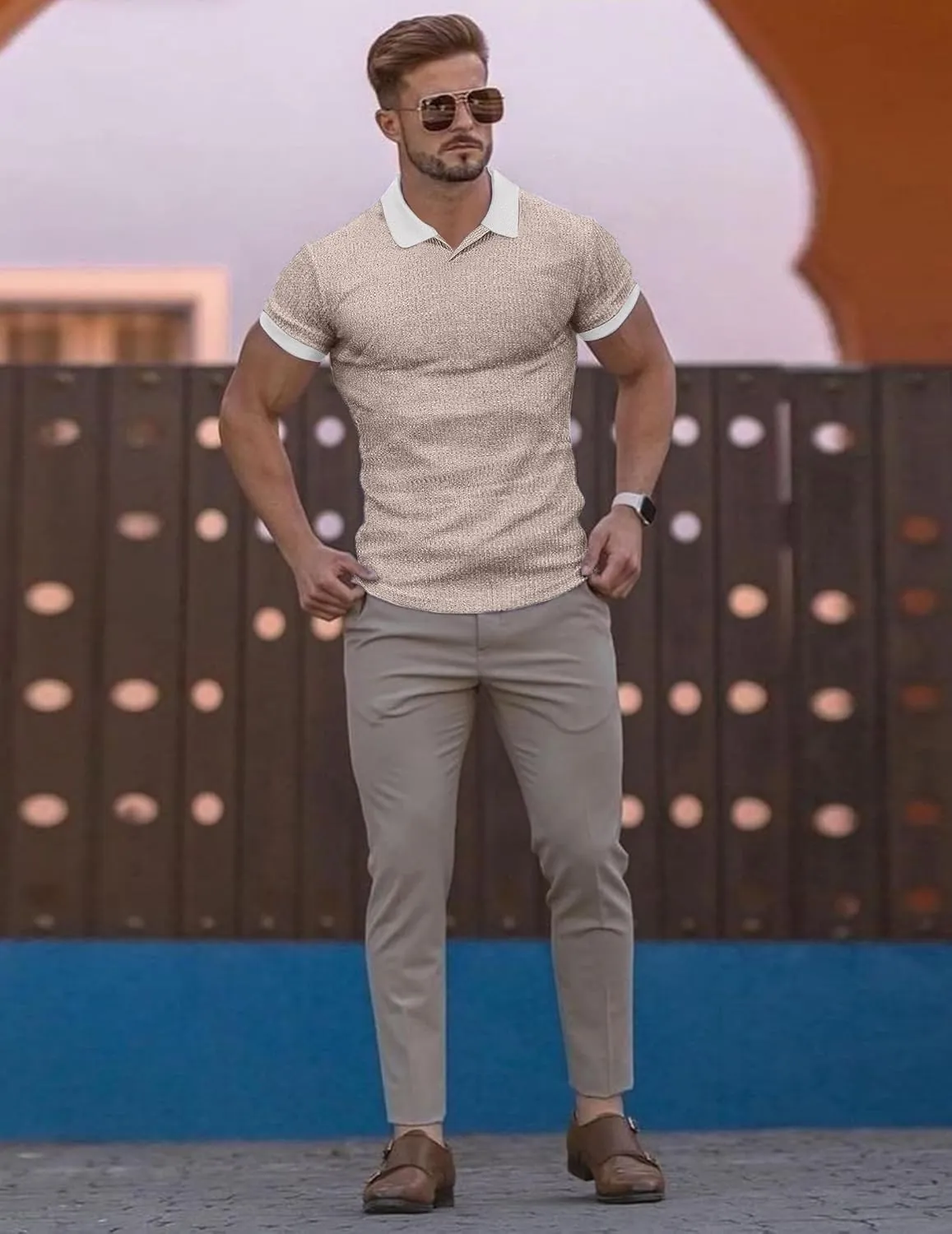 Mens Muscle Polo Shirts V Neck Slim Fit Short Sleeve Golf T-Shirts Contrast Collar Ribbed Knit Cotton Tee Shirt