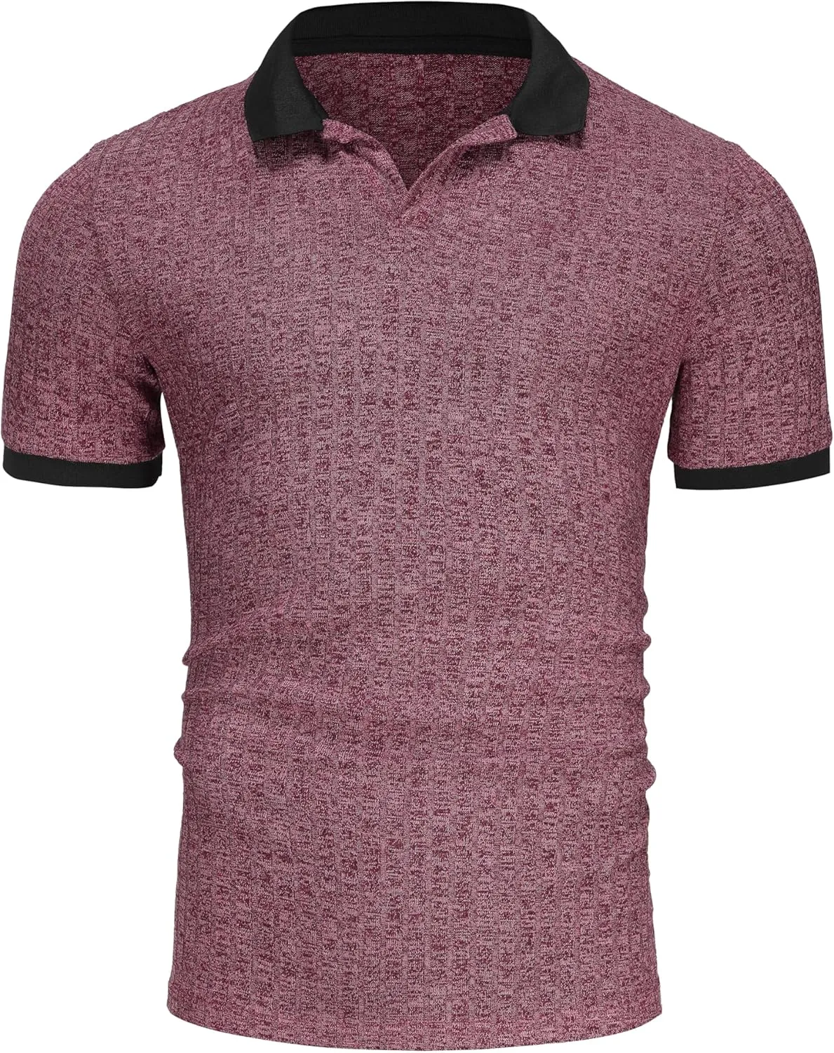Mens Muscle Polo Shirts V Neck Slim Fit Short Sleeve Golf T-Shirts Contrast Collar Ribbed Knit Cotton Tee Shirt