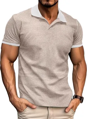 Mens Muscle Polo Shirts V Neck Slim Fit Short Sleeve Golf T-Shirts Contrast Collar Ribbed Knit Cotton Tee Shirt