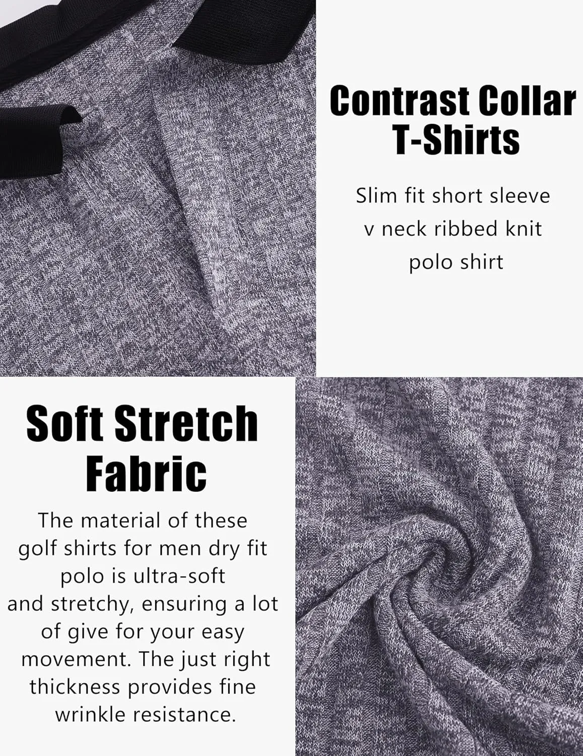 Mens Muscle Polo Shirts V Neck Slim Fit Short Sleeve Golf T-Shirts Contrast Collar Ribbed Knit Cotton Tee Shirt