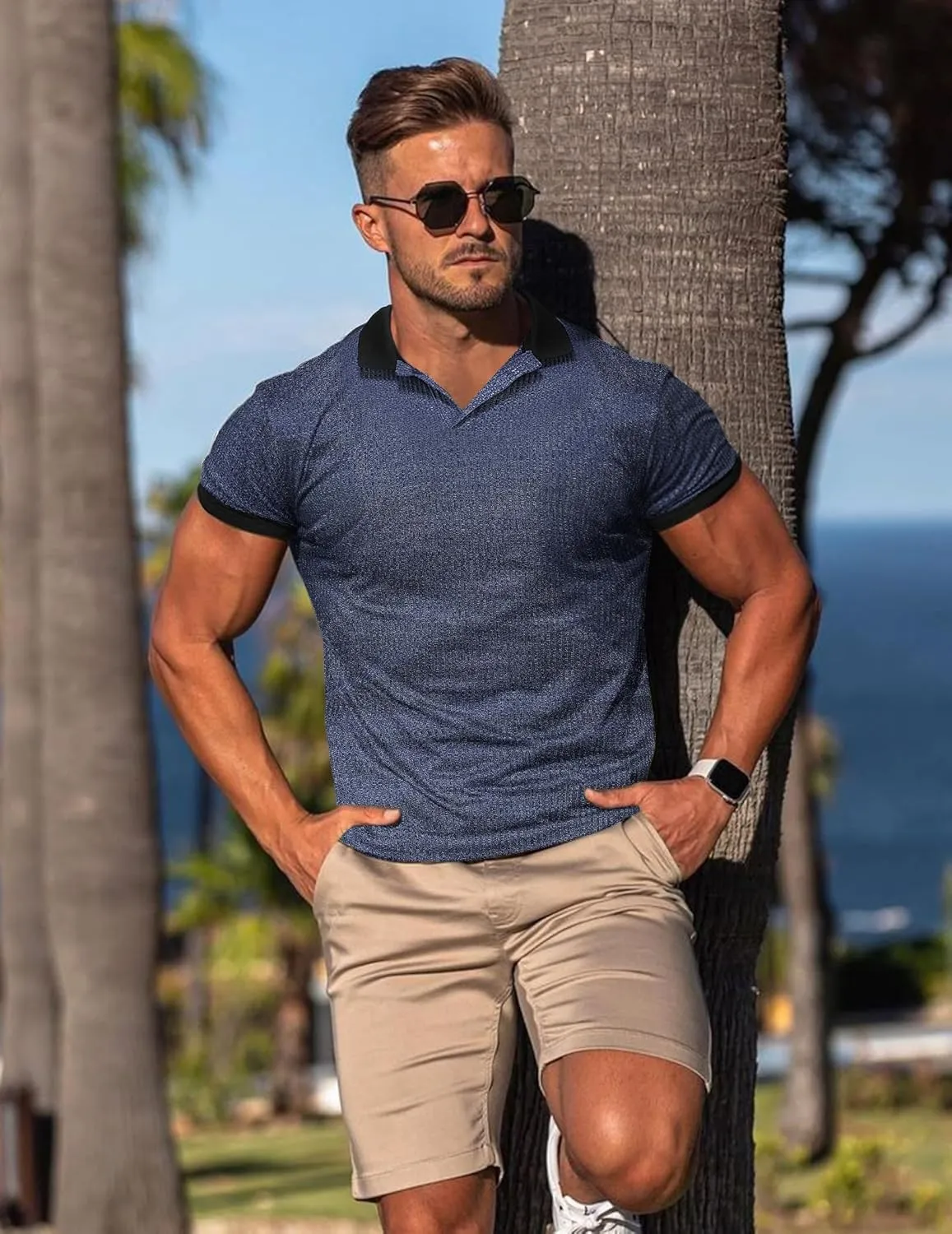 Mens Muscle Polo Shirts V Neck Slim Fit Short Sleeve Golf T-Shirts Contrast Collar Ribbed Knit Cotton Tee Shirt