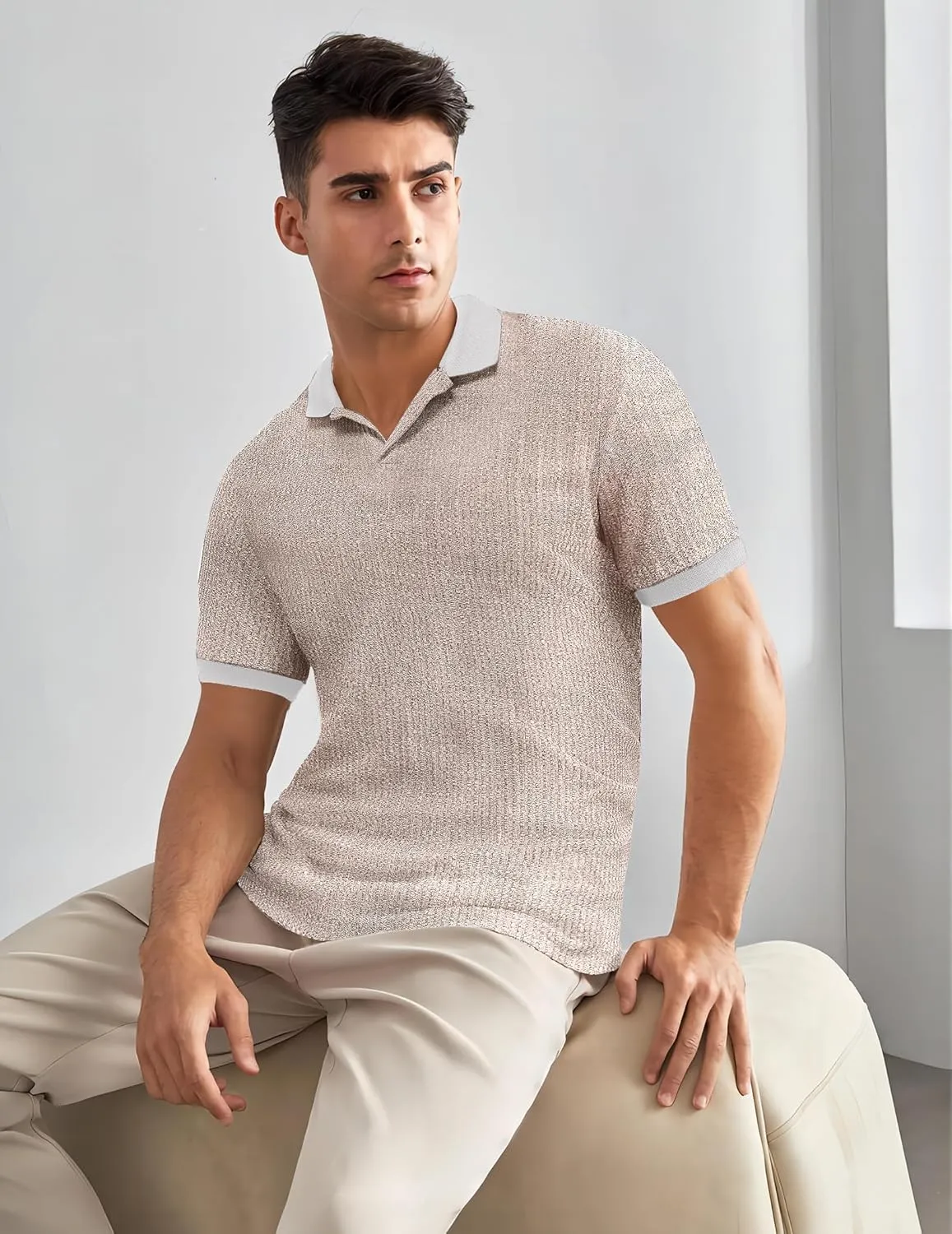 Mens Muscle Polo Shirts V Neck Slim Fit Short Sleeve Golf T-Shirts Contrast Collar Ribbed Knit Cotton Tee Shirt