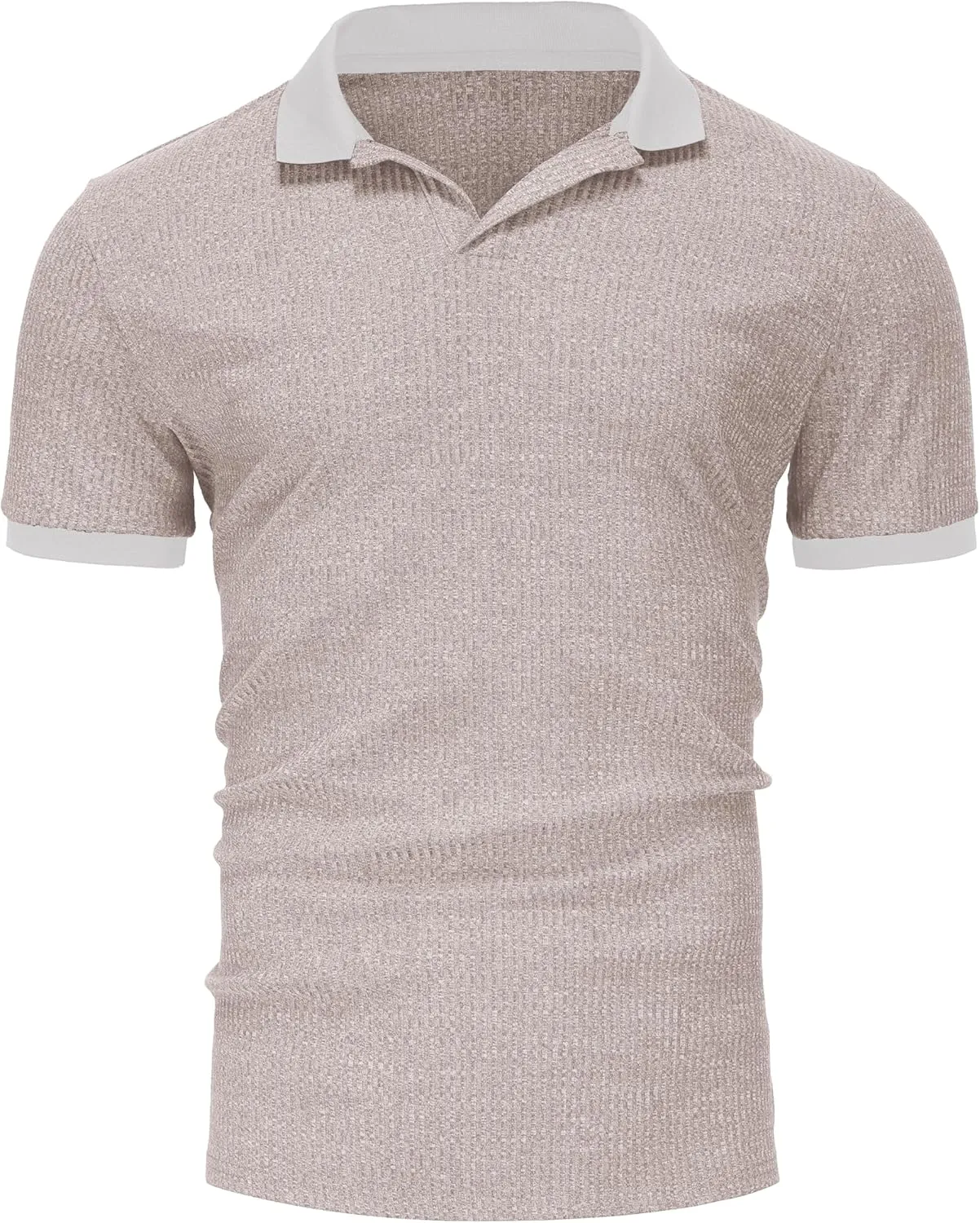 Mens Muscle Polo Shirts V Neck Slim Fit Short Sleeve Golf T-Shirts Contrast Collar Ribbed Knit Cotton Tee Shirt