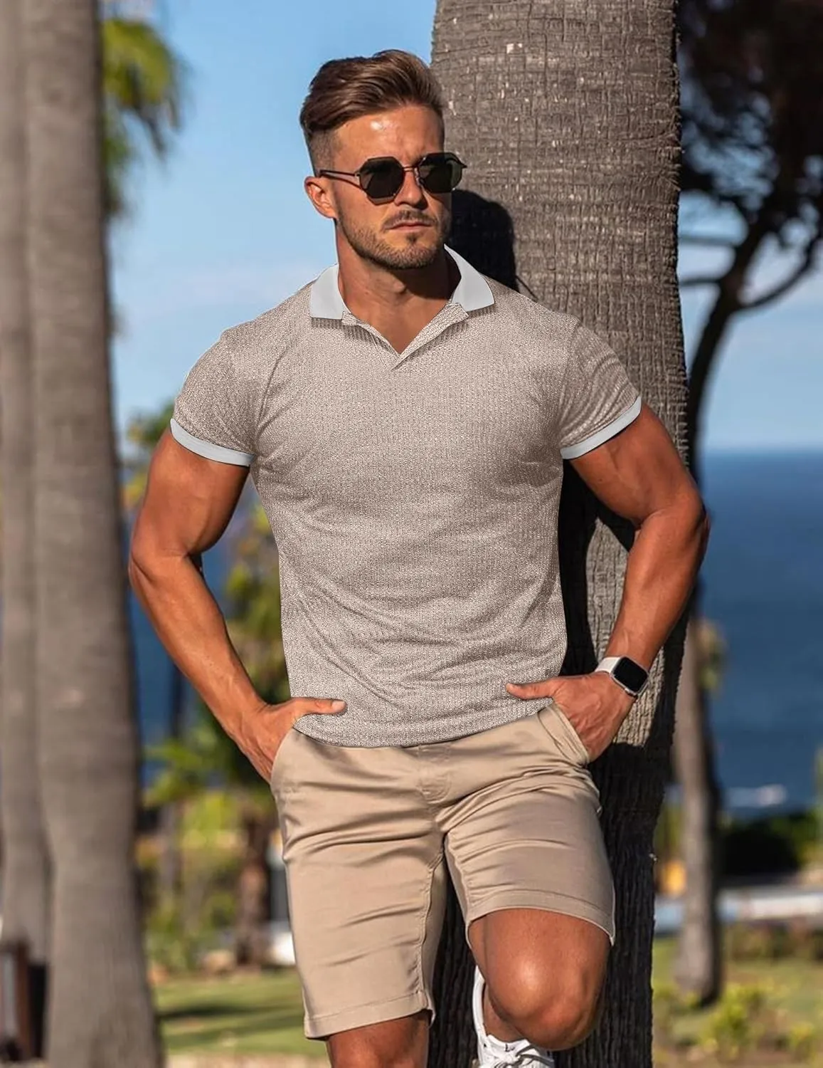 Mens Muscle Polo Shirts V Neck Slim Fit Short Sleeve Golf T-Shirts Contrast Collar Ribbed Knit Cotton Tee Shirt