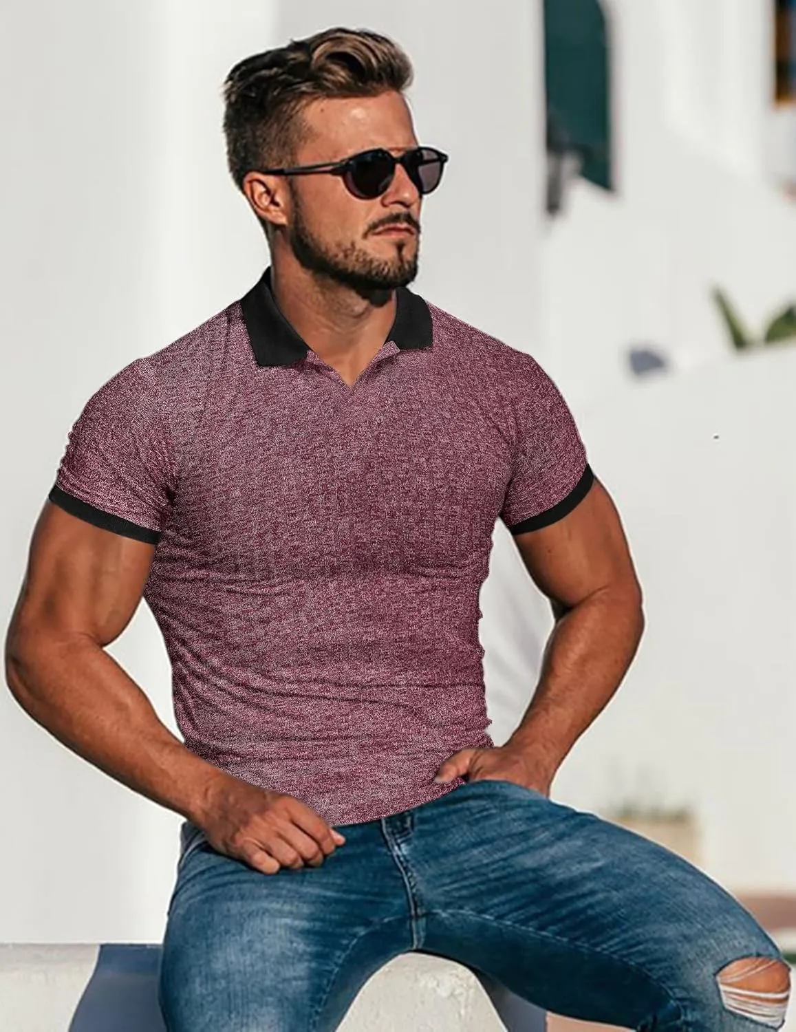 Mens Muscle Polo Shirts V Neck Slim Fit Short Sleeve Golf T-Shirts Contrast Collar Ribbed Knit Cotton Tee Shirt
