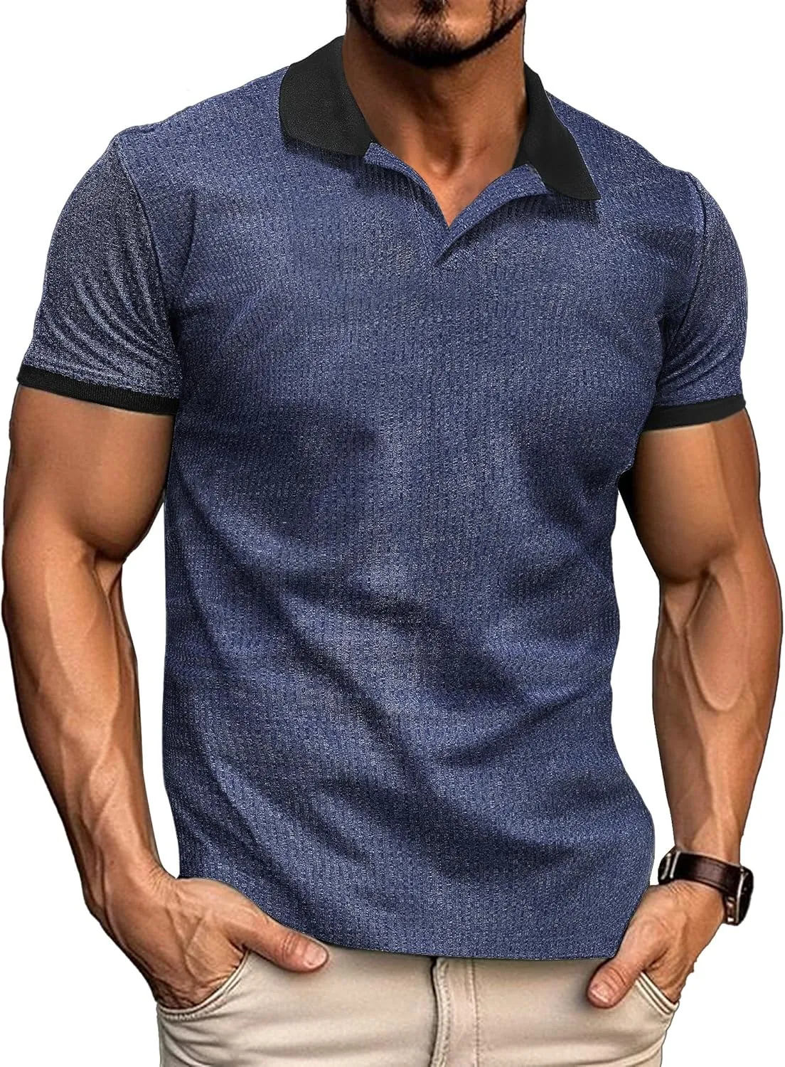 Mens Muscle Polo Shirts V Neck Slim Fit Short Sleeve Golf T-Shirts Contrast Collar Ribbed Knit Cotton Tee Shirt
