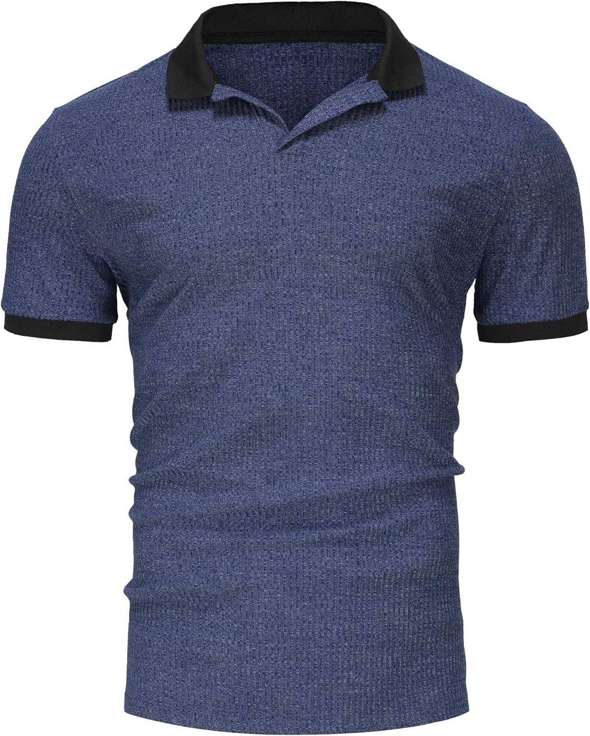 Mens Muscle Polo Shirts V Neck Slim Fit Short Sleeve Golf T-Shirts Contrast Collar Ribbed Knit Cotton Tee Shirt