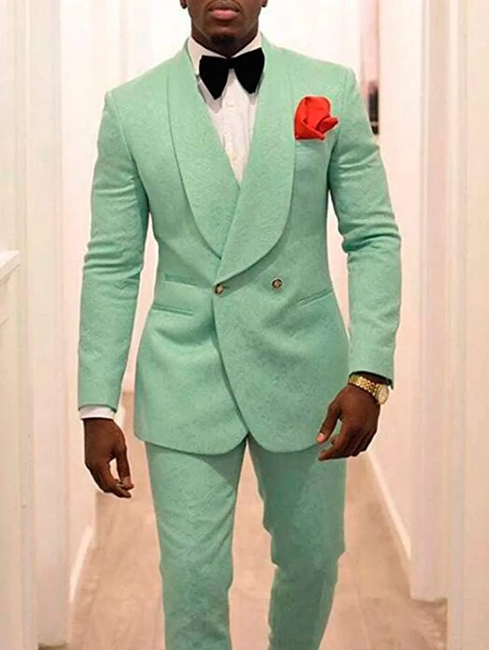 Mens Shawl Lapel Suit Patterned Double Breasted Wedding Tuxedos Prom Suits Jacket Pants Groomsmen Suit