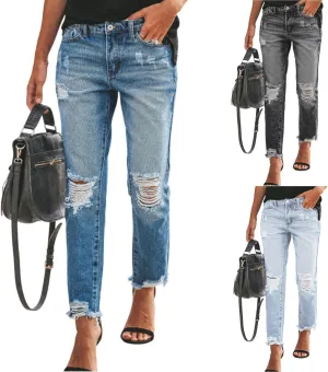 midelxp Straight Leg Jeans for Women Casual Button Down High Waist Ripped Jeans Boyfriend Distressed Denim Pants with Pockets