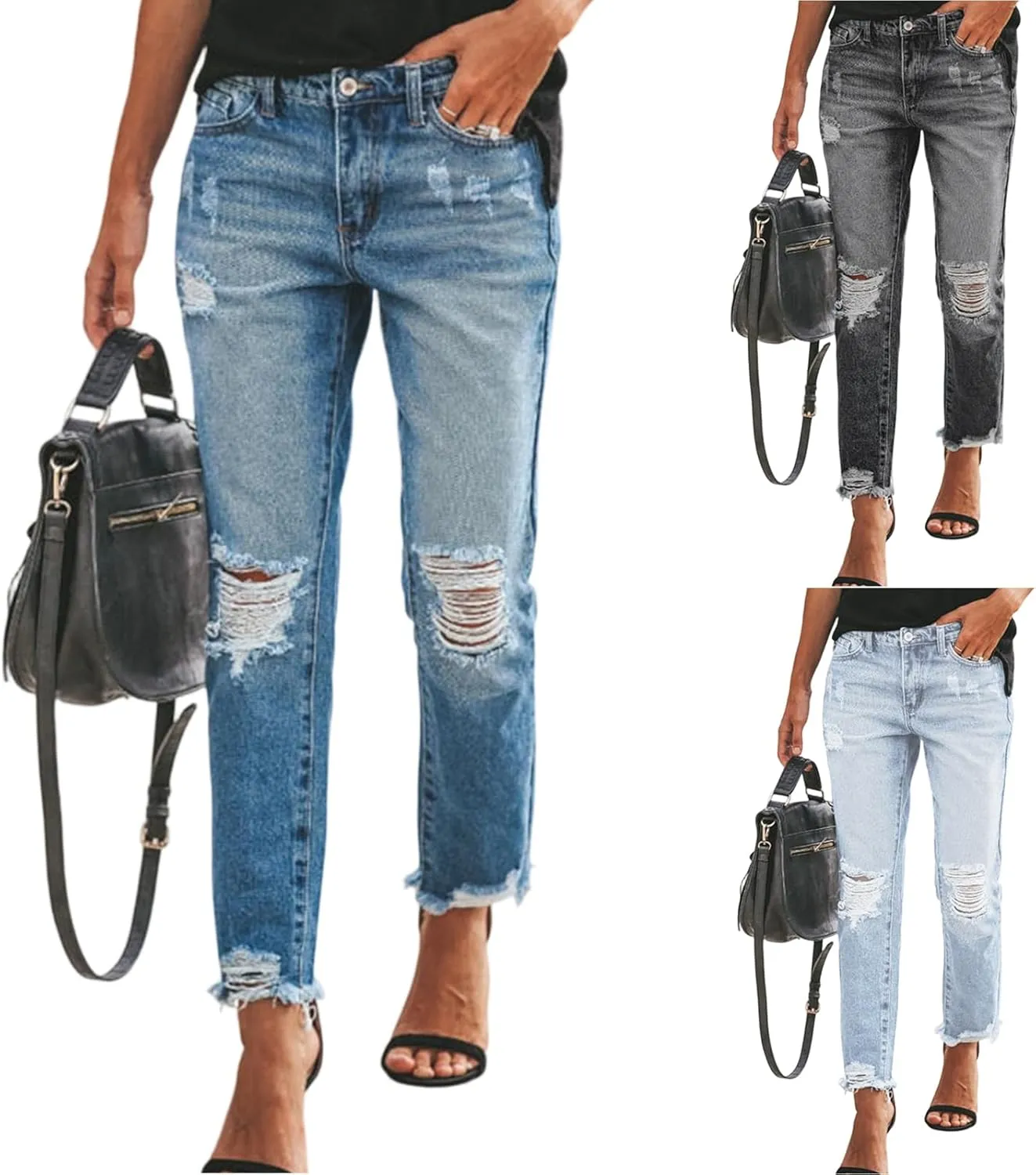 midelxp Straight Leg Jeans for Women Casual Button Down High Waist Ripped Jeans Boyfriend Distressed Denim Pants with Pockets