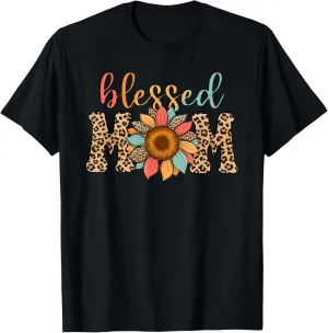 Mothers Day Blessed Mom Leopard Print Sunflower Mama T-Shirt
