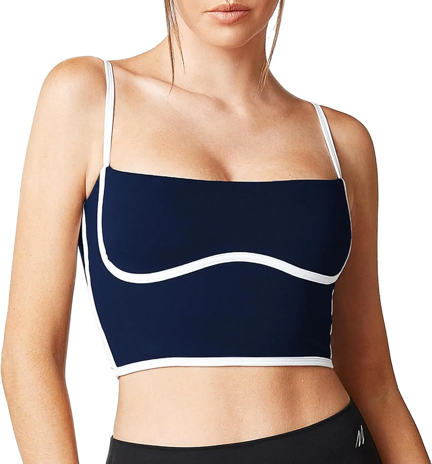 Move With You Sleeveless Spaghetti Strap Padded Sports Bra Tank Tops Square Neck Double Layer Workout Fitness Basic Crop Tops