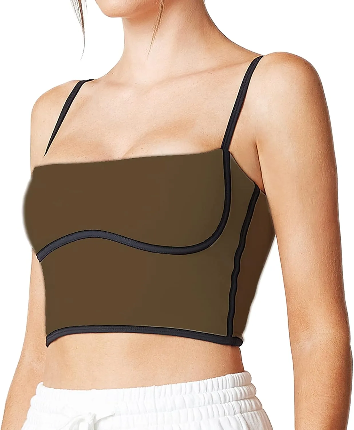 Move With You Sleeveless Spaghetti Strap Padded Sports Bra Tank Tops Square Neck Double Layer Workout Fitness Basic Crop Tops