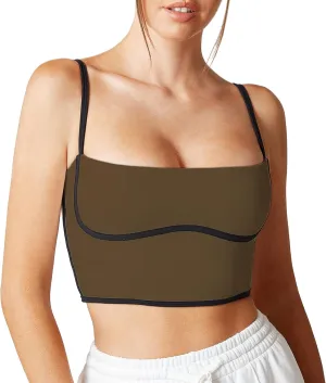 Move With You Sleeveless Spaghetti Strap Padded Sports Bra Tank Tops Square Neck Double Layer Workout Fitness Basic Crop Tops