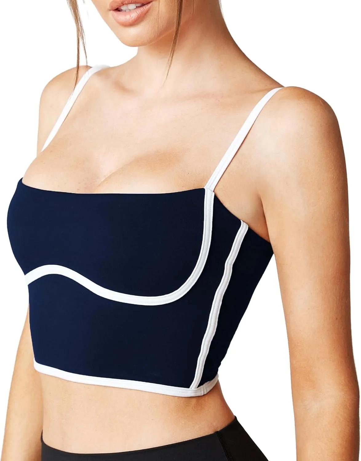 Move With You Sleeveless Spaghetti Strap Padded Sports Bra Tank Tops Square Neck Double Layer Workout Fitness Basic Crop Tops