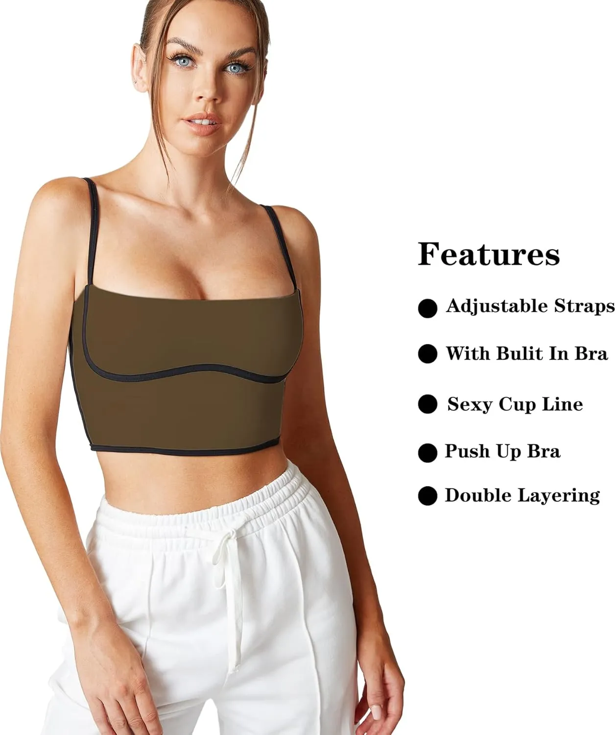 Move With You Sleeveless Spaghetti Strap Padded Sports Bra Tank Tops Square Neck Double Layer Workout Fitness Basic Crop Tops