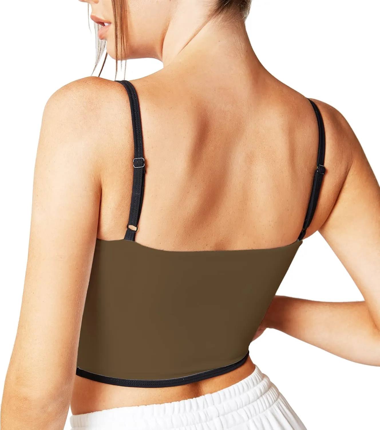 Move With You Sleeveless Spaghetti Strap Padded Sports Bra Tank Tops Square Neck Double Layer Workout Fitness Basic Crop Tops