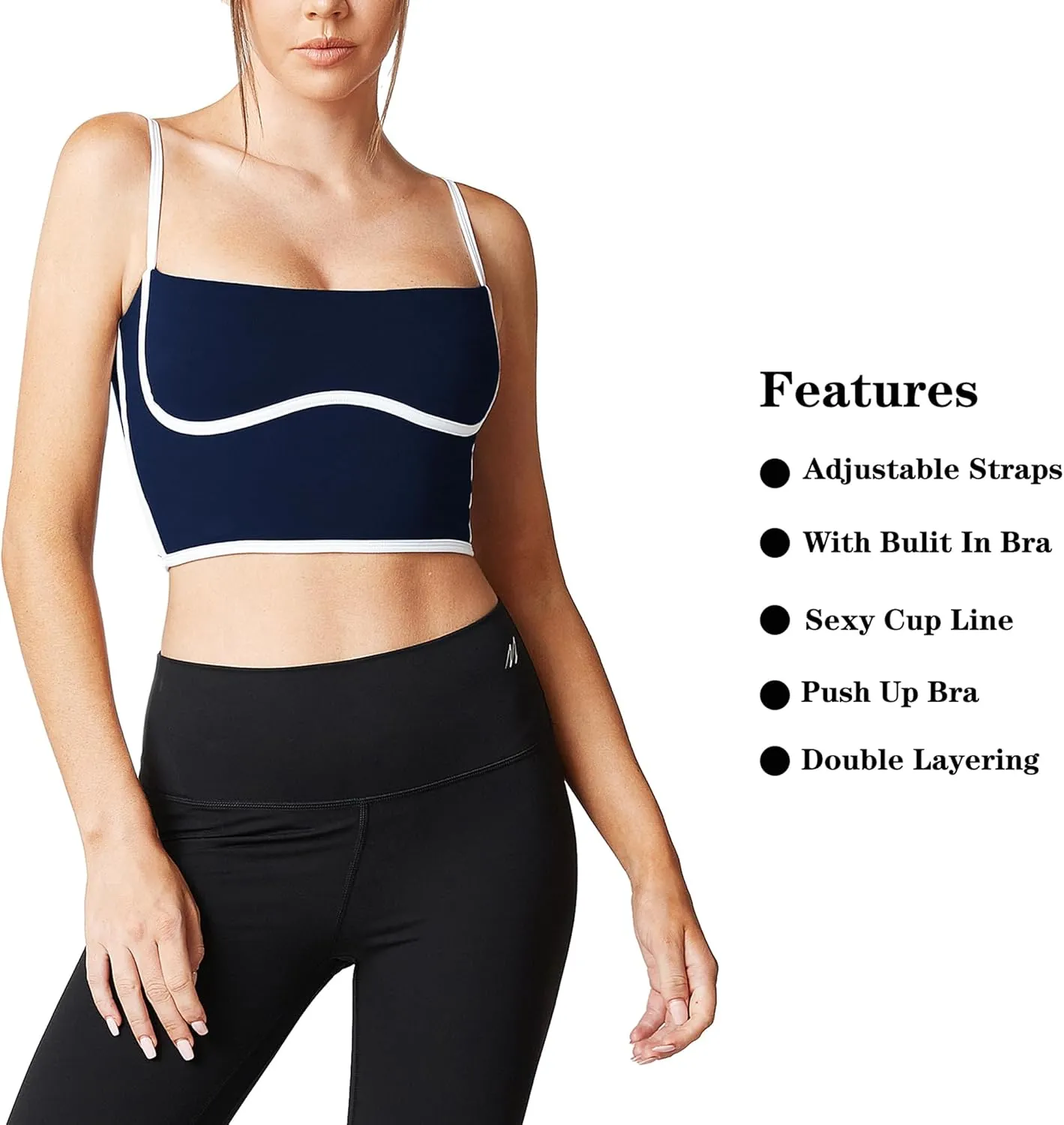 Move With You Sleeveless Spaghetti Strap Padded Sports Bra Tank Tops Square Neck Double Layer Workout Fitness Basic Crop Tops