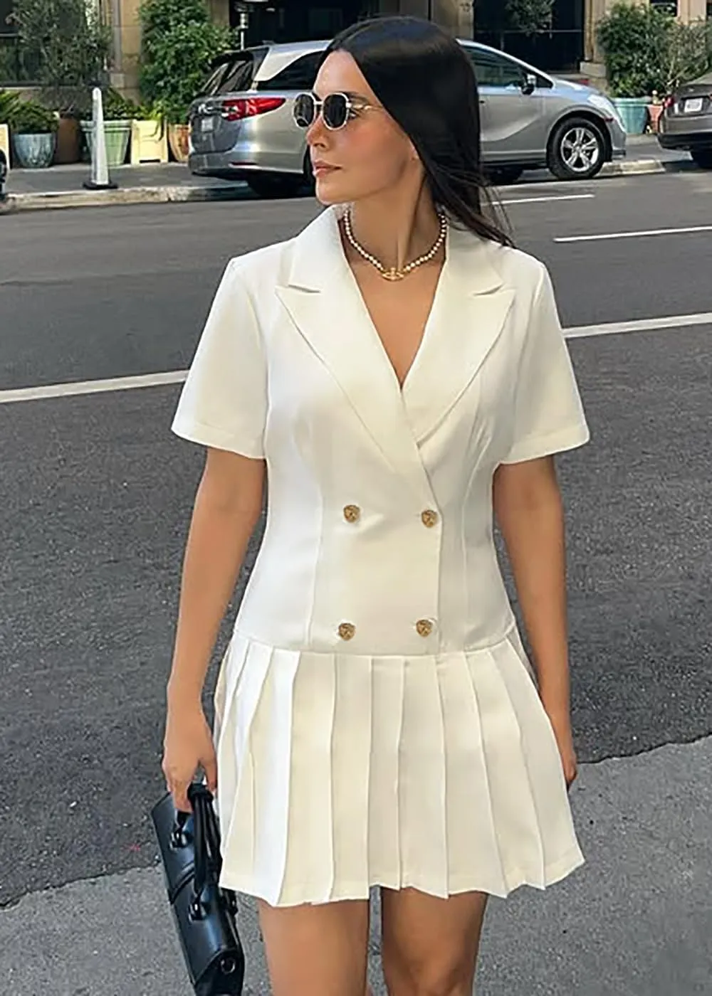 Nihsatin Women's Double Breasted Blazer Jacket Lapel Collar Short Sleeve Pleated Hem Blazer Dress