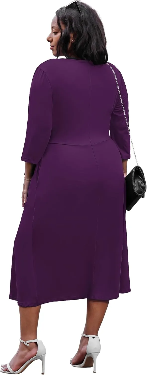 Nmoder Women's Plus Size Stretchy Flared Wrap Dress Casual Wedding Guest Midi Dresses V Neck 3/4 Sleeve A-Line Swing Dress