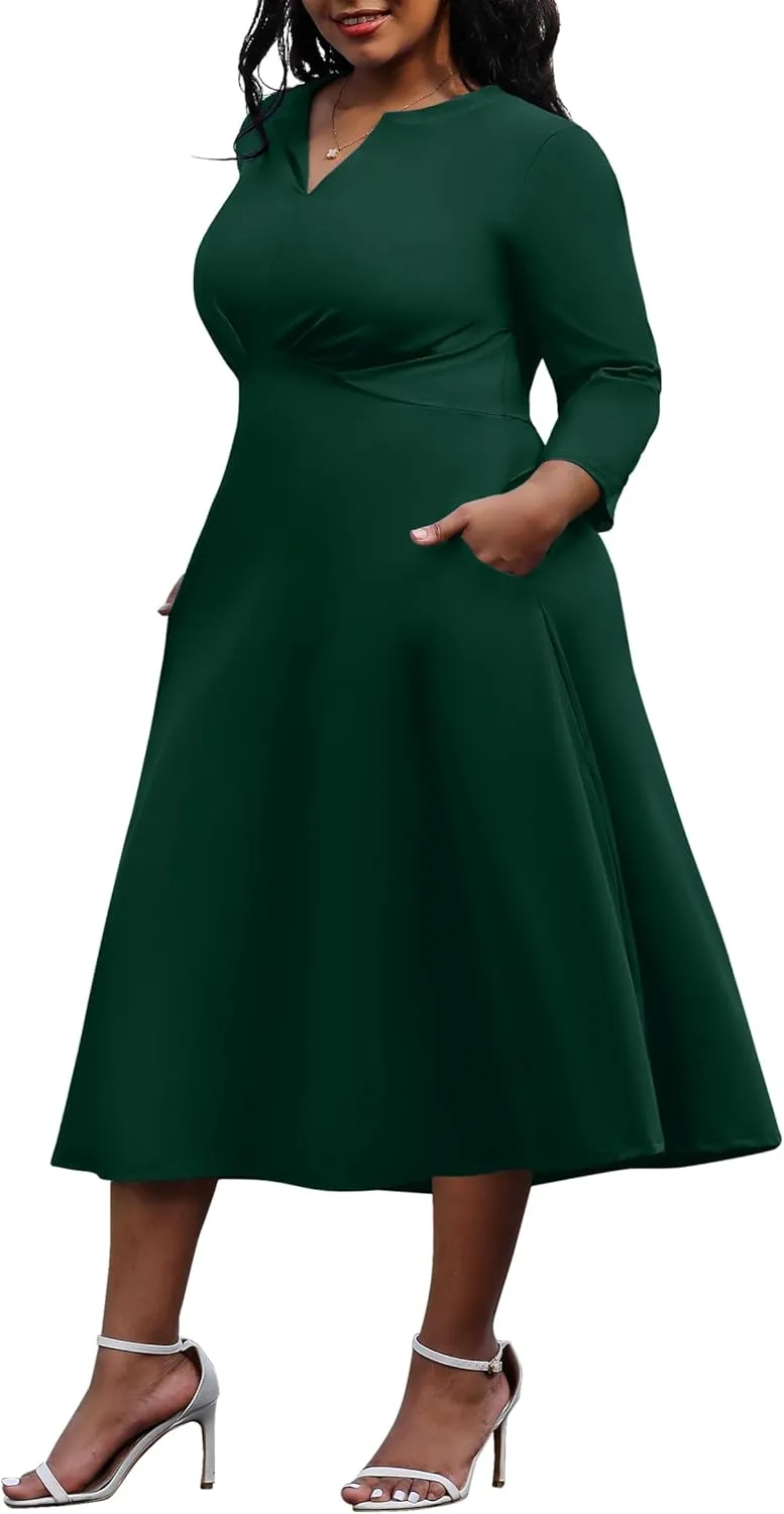 Nmoder Women's Plus Size Stretchy Flared Wrap Dress Casual Wedding Guest Midi Dresses V Neck 3/4 Sleeve A-Line Swing Dress